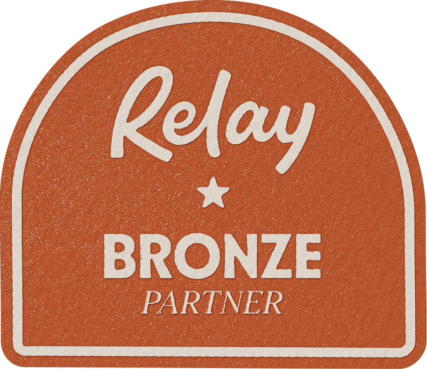 Relay Bronze Partner badge with white text on a textured bronze background.
