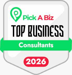 Pick A Biz Top Business Consultants 2024 award badge with a green and red color scheme.