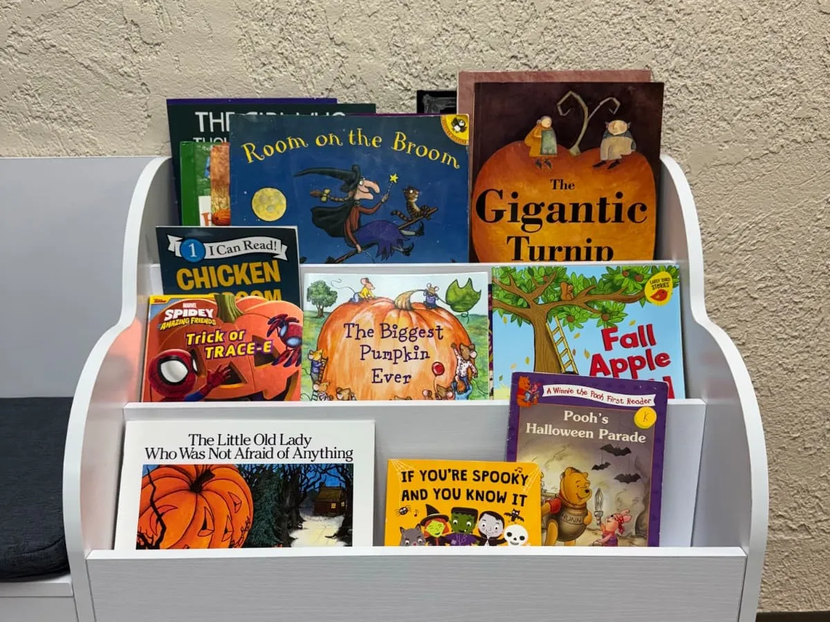 Bookshelf of children's books and learning materials at the Attain SLB clinic