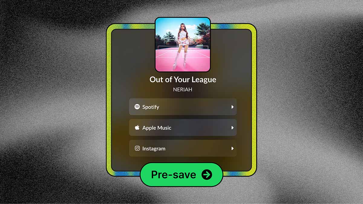 Screenshot of a DistroKid HyperFollow pre-save page showing album artwork for "Out of Your League" by NERIAH, with links to Spotify, Apple Music, and Instagram, plus a large green "pre-save" button.