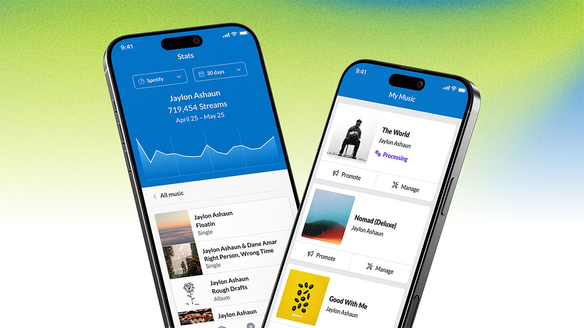 Two smartphones displaying the DistroKid mobile app, including streaming stats and music releases.