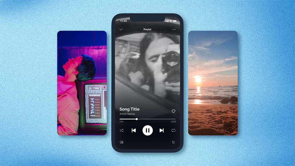 A smartphone displaying a music player is centered between two vertical looping video previews, illustrating Spotify Canvas artwork.