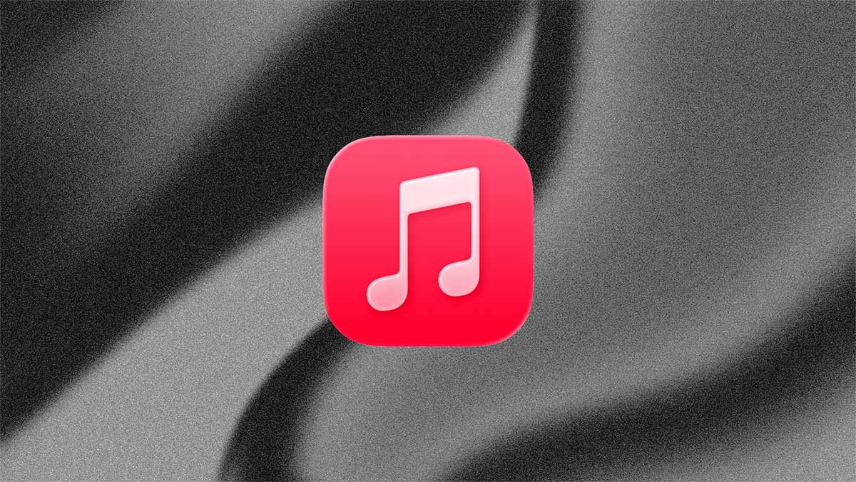 The Apple Music logo appears centered on a black-and-white abstract background with flowing curved shapes.