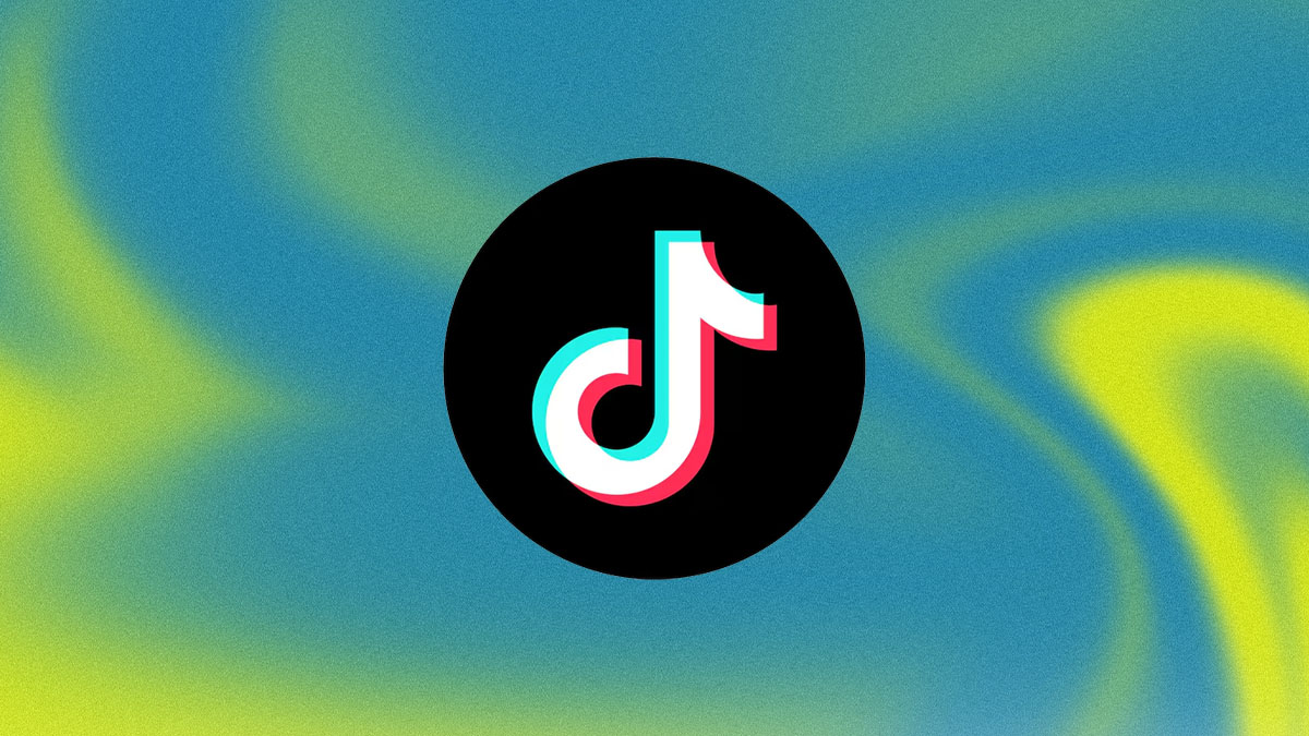 The TikTok logo appears centered on a colorful, abstract background with flowing blue, green, and yellow gradients.