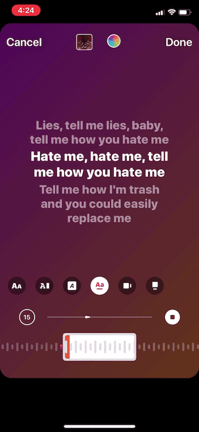 A smartphone displays synced lyrics. The current lyric is highlighted as the song plays.