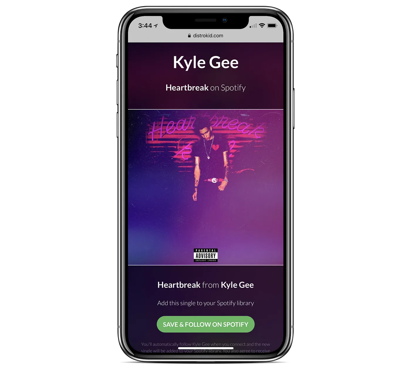 A smartphone displays Kyle Gee's HyperFollow page for the single "Heartbreak." A green buttons reads "SAVE & FOLLOW ON SPOTIFY."