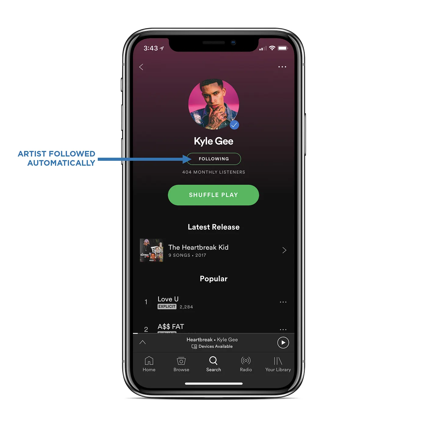 A smartphone displays Kyle Gee's Spotify Profile. Text reading "artist followed automatically" accompanies an arrow pointing to "following" on the Spotify profile.