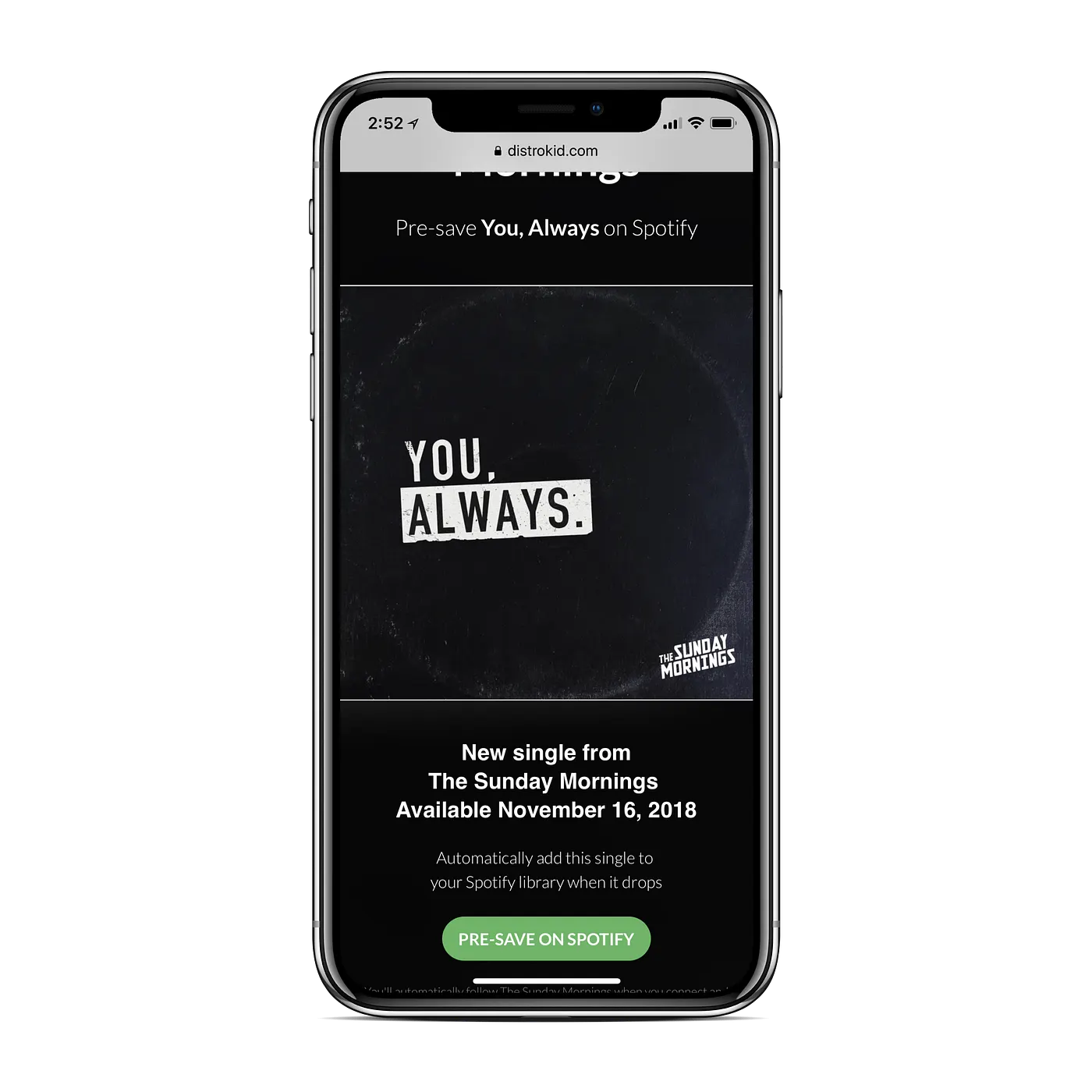 A smartphone displays a HyperFollow page for an upcoming single from the band The Sunday Mornings."