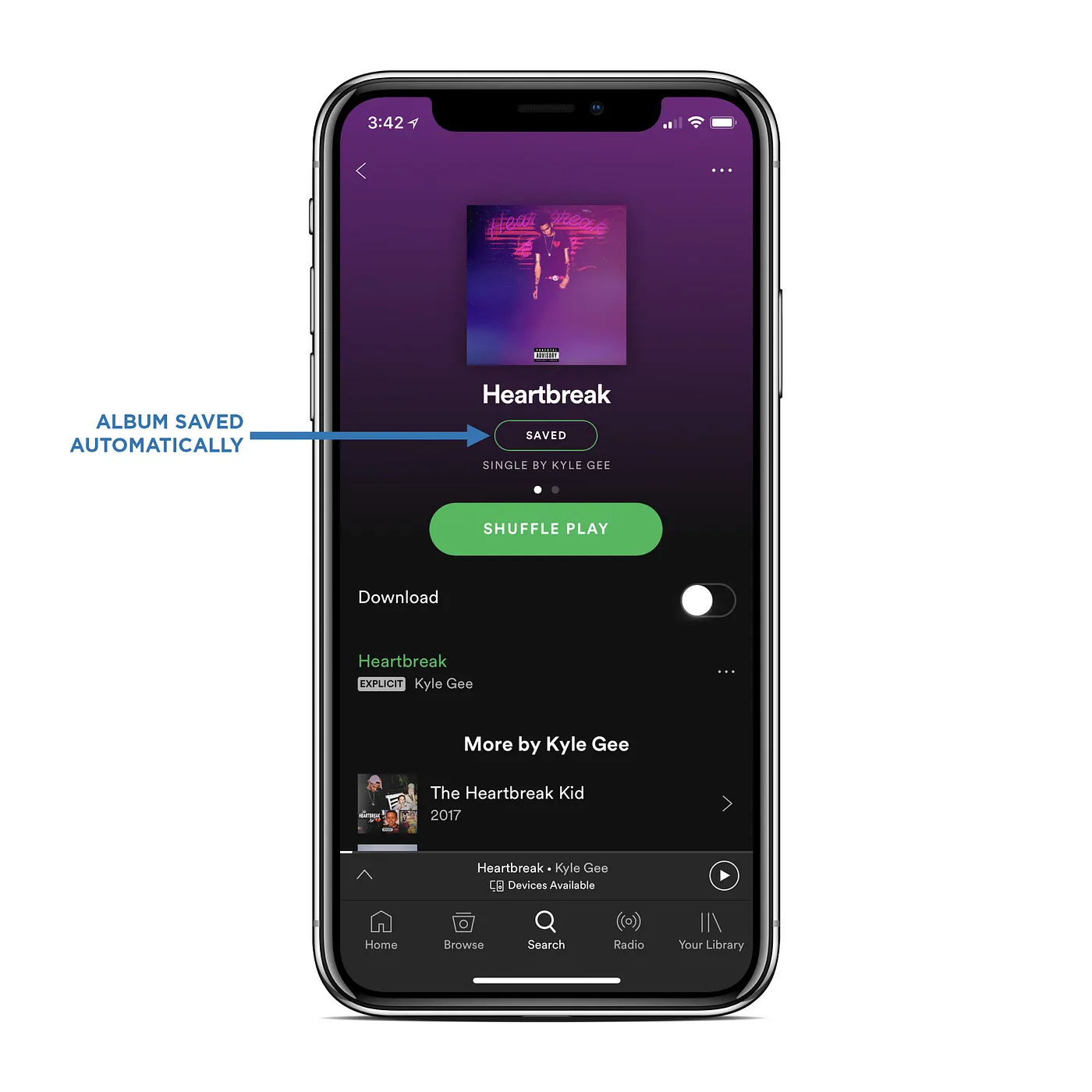 A smartphone displays Kyle Gee's "Heartbreak" single on Spotify. Text reading "album saved automatically" accompanies an arrow pointing to "saved" on the Spotify profile.