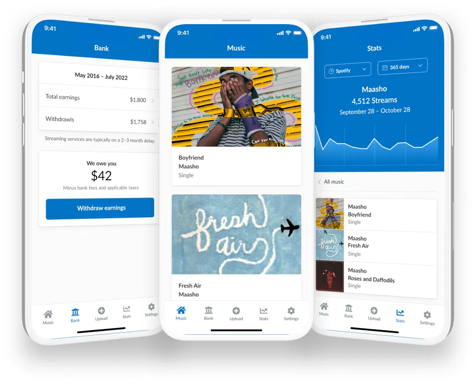 Three smartphone screens display different pages on the DistroKid mobile app, including DistroKid bank, releases, and stats.