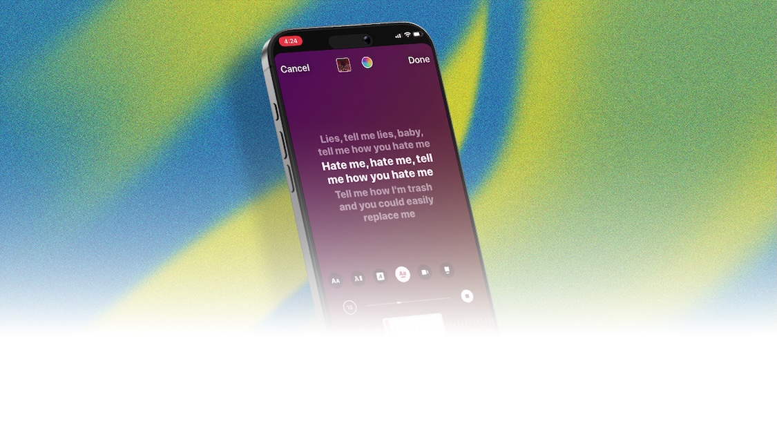 A smartphone displays synced lyrics with the current lyric highlighted as the song plays.