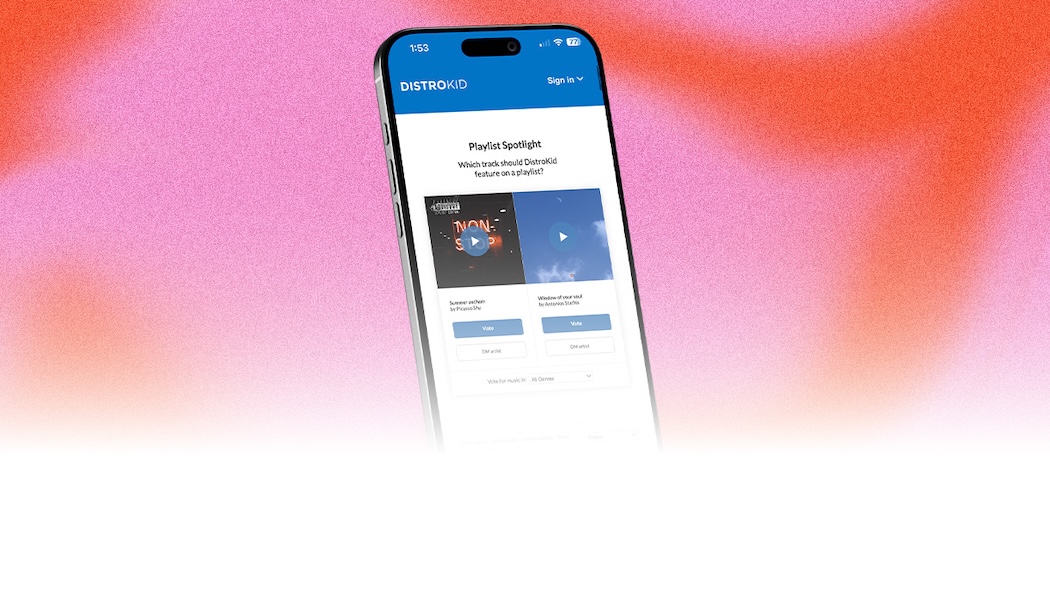 A smartphone displays DistroKid's Playlist Spotlight, where listeners can vote between two songs to help choose which track gets featured on their Spotify playlists.