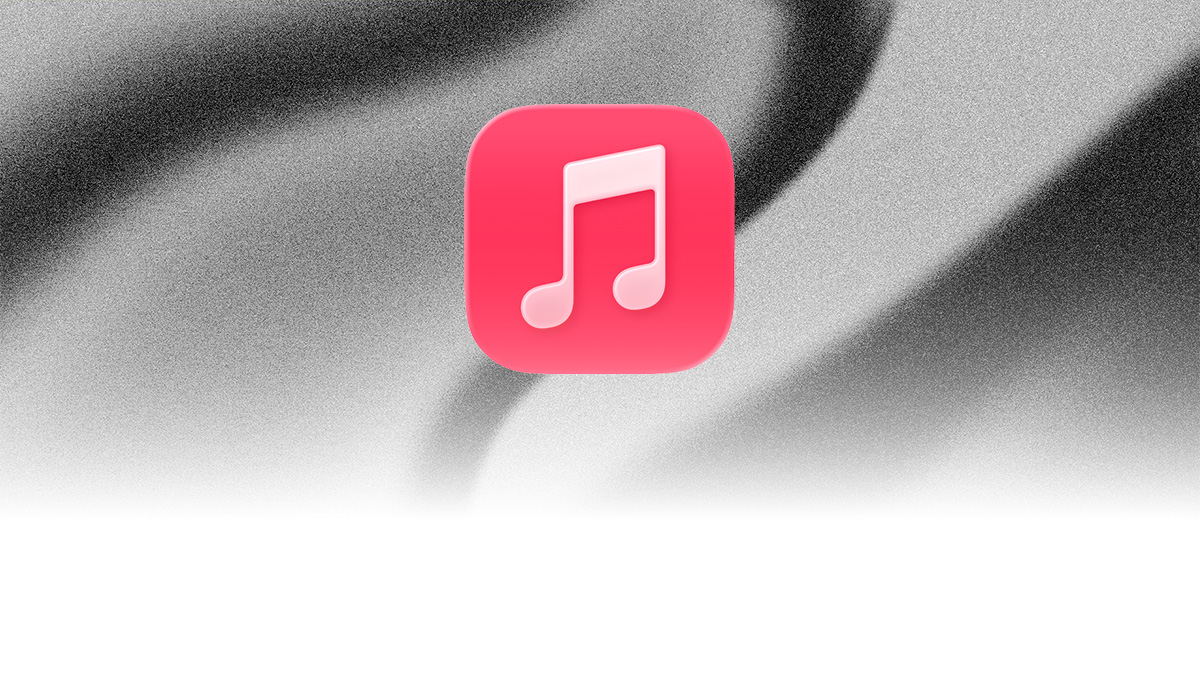 The Apple Music logo appears centered on a black-and-white abstract background with flowing curved shapes.