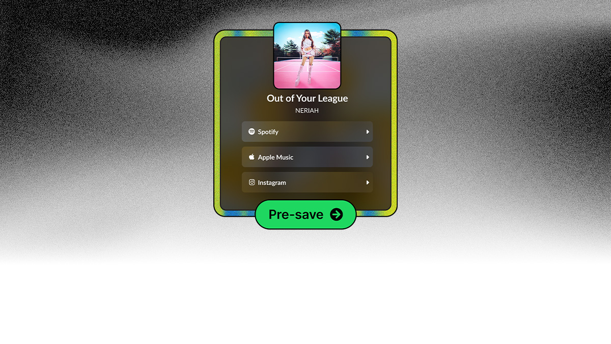 Screenshot of a DistroKid HyperFollow pre-save page showing album artwork for "Out of Your League" by NERIAH, with links to Spotify, Apple Music, and Instagram, plus a large green "pre-save" button.