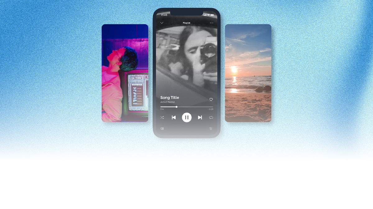 A smartphone displaying a music player is centered between two vertical looping video previews, illustrating Spotify Canvas artwork.