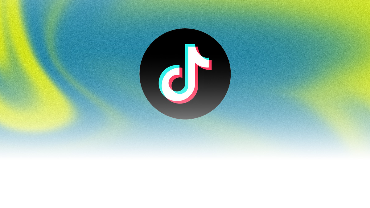 The TikTok logo appears centered on a colorful, abstract background with flowing blue, green, and yellow gradients.