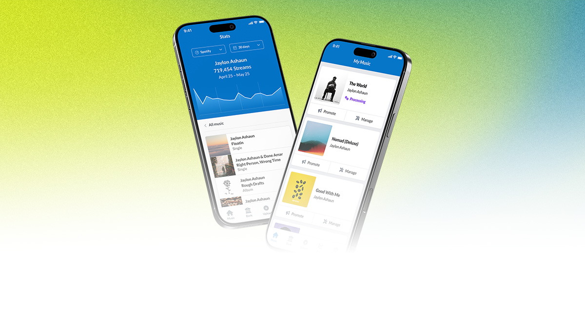Two smartphones displaying the DistroKid mobile app, including streaming stats and music releases.