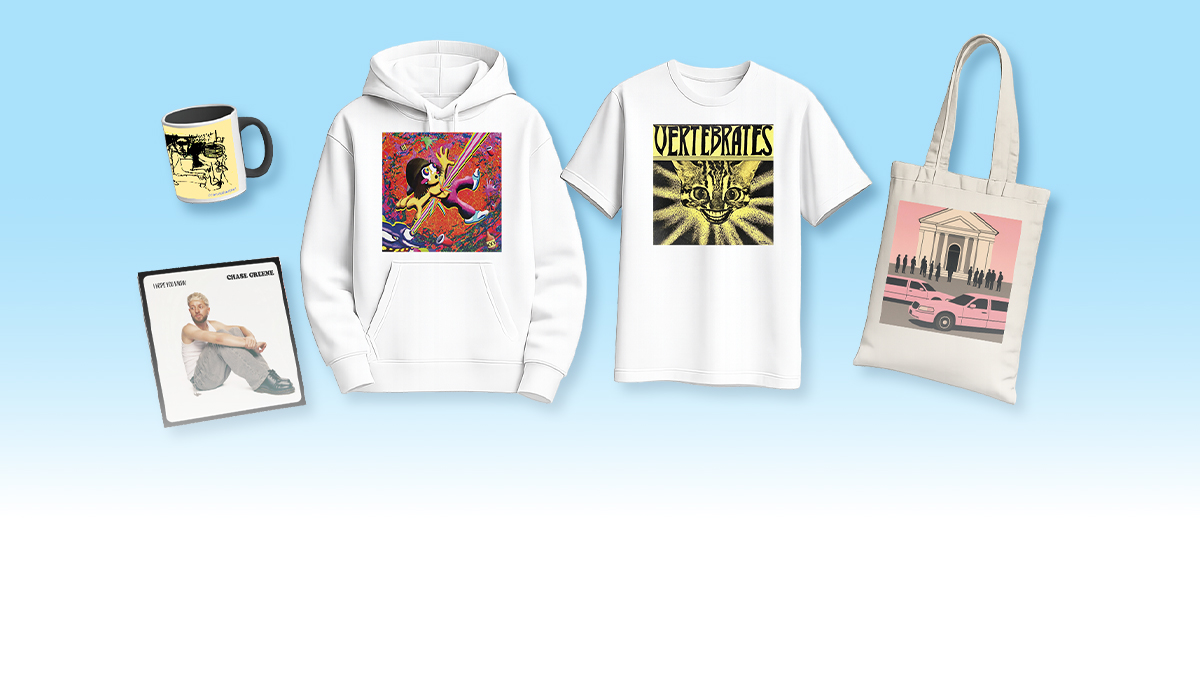 Merch items including a hoodie, T-shirt, print, mug, and tote appear on a light blue background. Each merch item features an album cover.