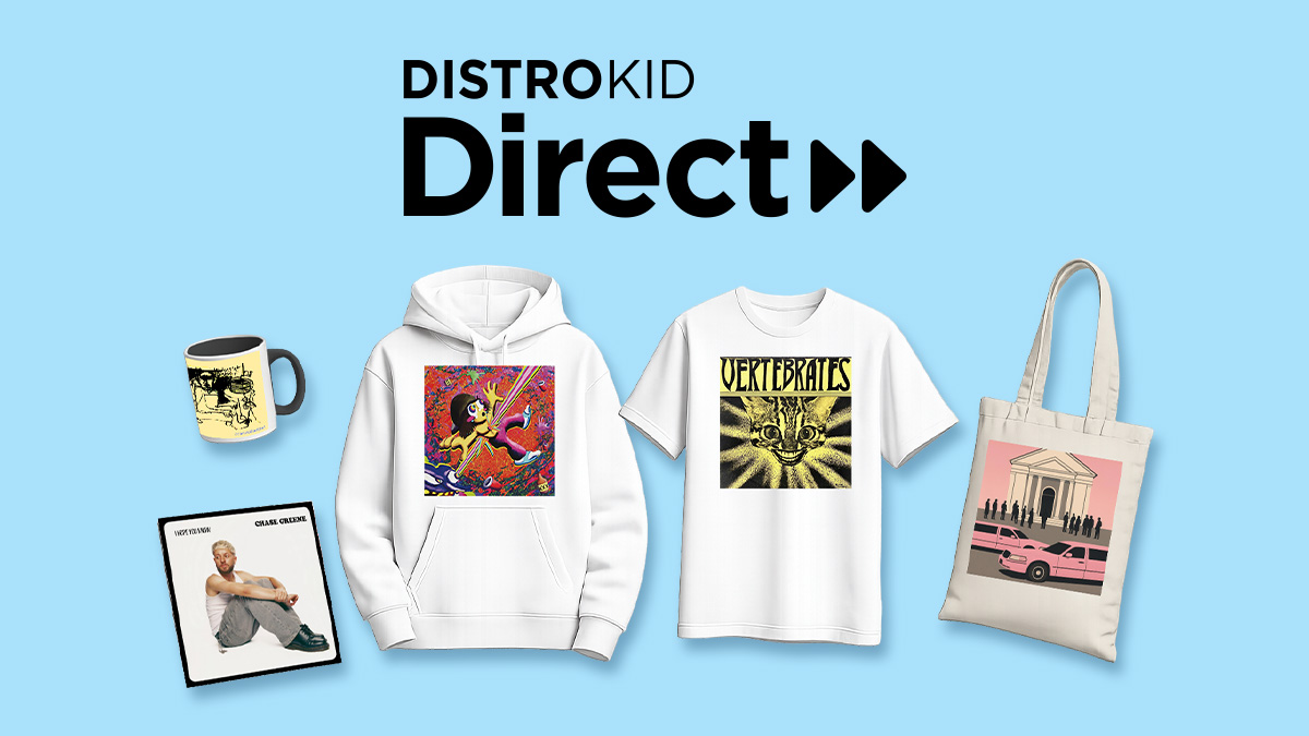 Merch items including a hoodie, T-shirt, print, mug, and tote appear on a light blue background. Each merch item features an album cover.
