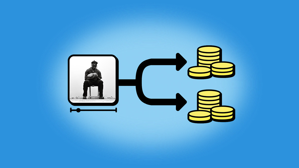 Diagram showing a single song icon splitting into two payment streams represented by stacks of gold coins, illustrating how DistroKid's Splits feature divides earnings payouts between collaborators.
