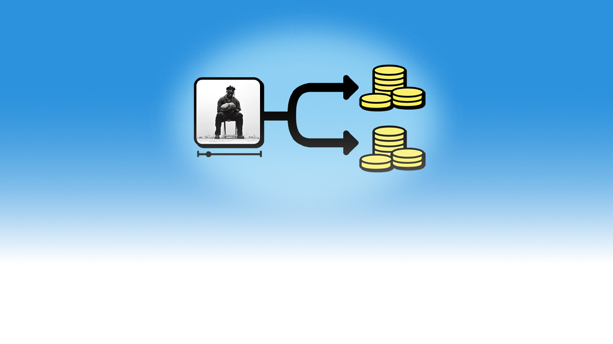 Diagram showing a single song icon splitting into two payment streams represented by stacks of gold coins, illustrating how DistroKid's Splits feature divides earnings payouts between collaborators.