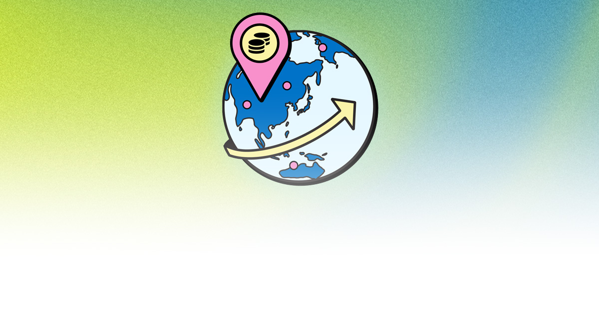 Illustration of a globe with location pins and a coin icon, representing royalty splits and payments across countries.