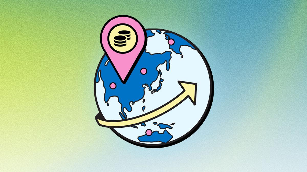 Illustration of a globe with location pins and a coin icon, representing royalty splits and payments across countries.