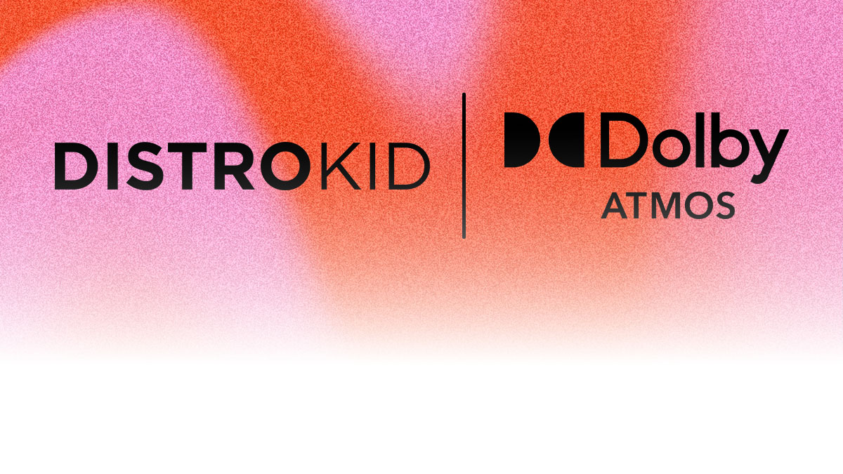 DistroKid and Dolby Atmos logos side by side on a pink and orange gradient background, representing the DistroKid and Dolby Atmos partnership.
