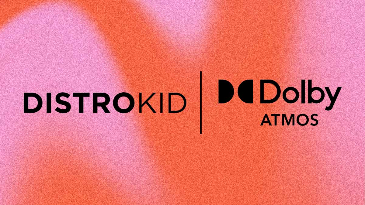 DistroKid and Dolby Atmos logos side by side on a pink and orange gradient background, representing the DistroKid and Dolby Atmos partnership.