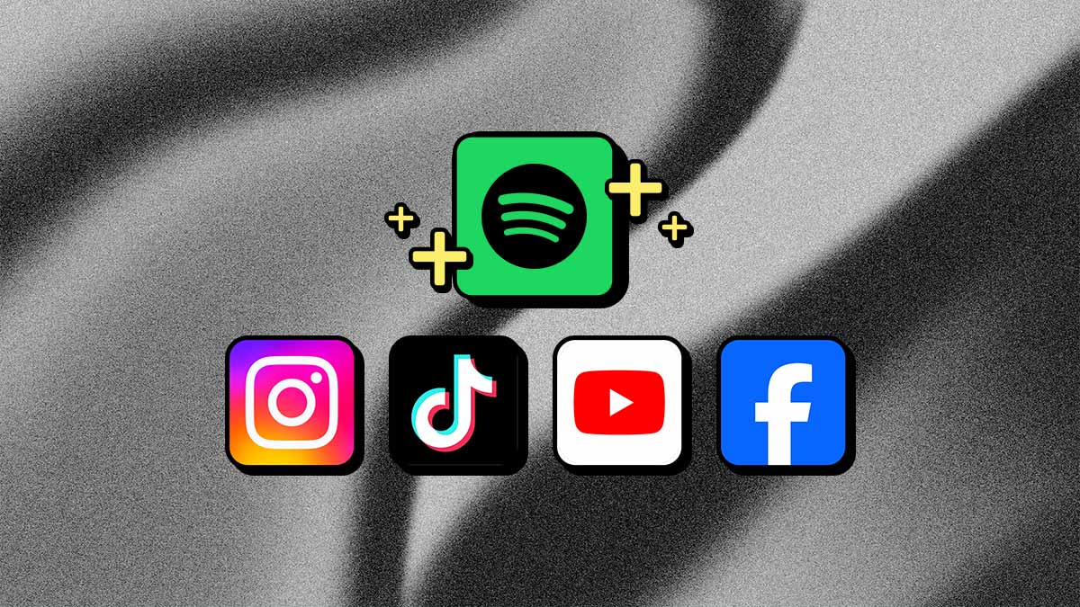 Illustration showing Spotify's logo surrounded by plus signs, above logos for Instagram, TikTok, YouTube, and Facebook—representing the platforms in DistroKid's Social Media Pack.