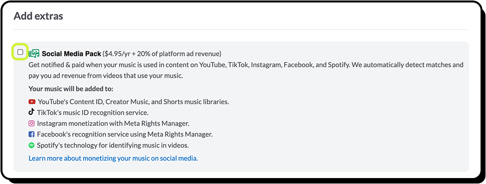 Social Media Pack on the "Add extras" list