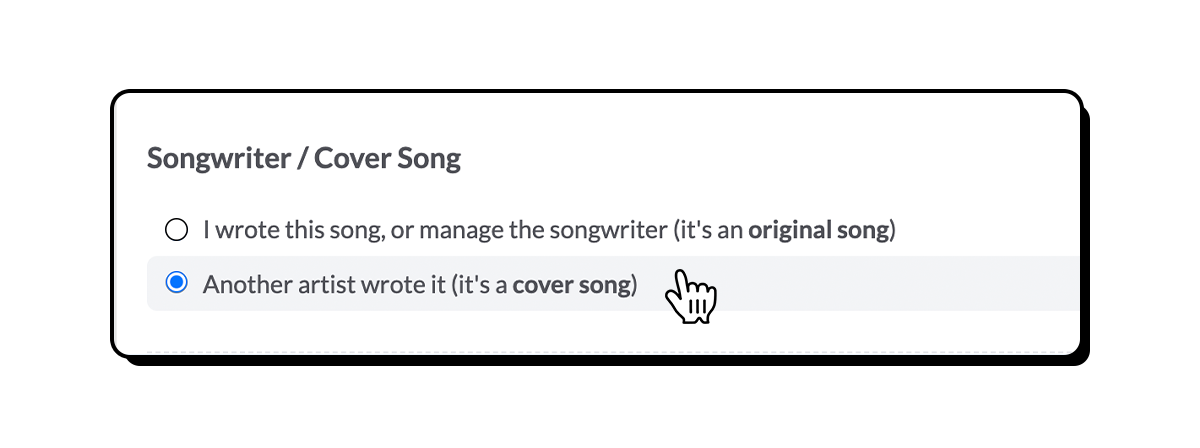 A cursor hovers over the cover song selection option on the DistroKid upload form