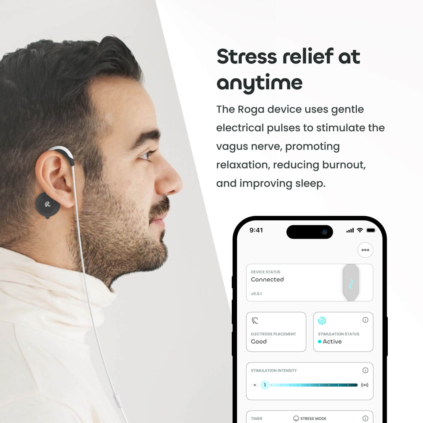 A descriptive image of the Roga device, with the an image of the mobile app showing the device connected