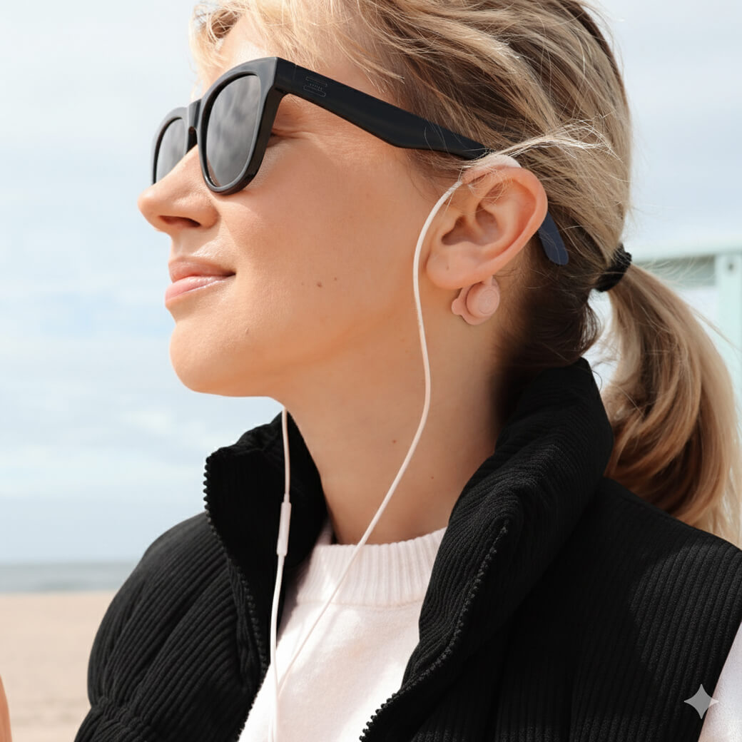 A woman wearing the Roga device