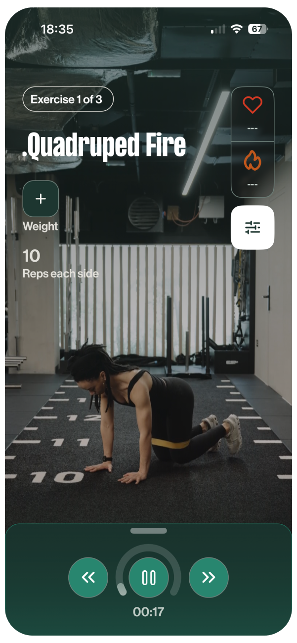 Fitness app screen showing a woman doing a quadruped fire exercise with a resistance band on her thighs, with 10 reps each side and exercise controls at the bottom.