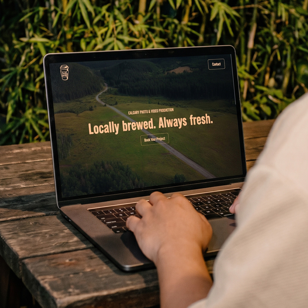 Person typing on a laptop showing the Half Full Media site, with the headline "Locally brewed. Always fresh." over a drone view of a road.