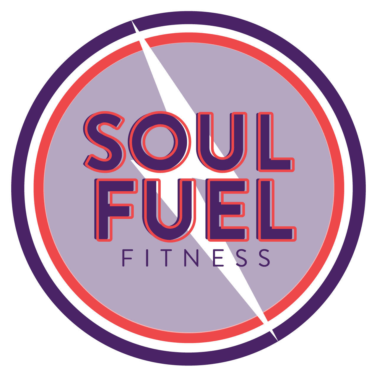 Circular logo with a purple background, orange and white borders, featuring a white lightning bolt and the text 'SOUL FUEL' in bold orange outlined letters.