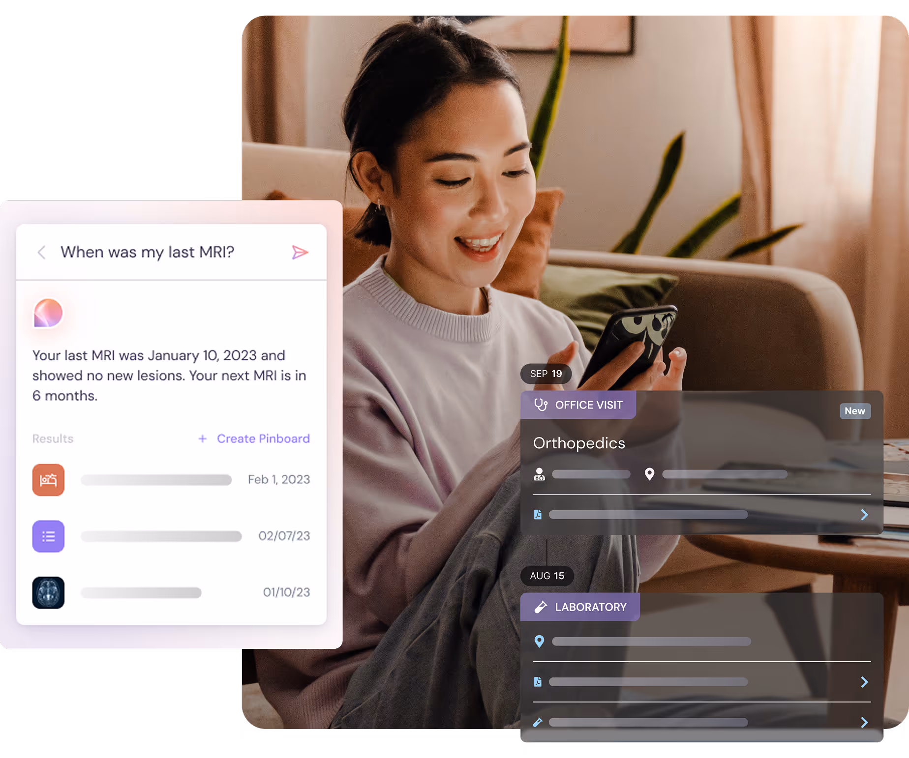 Smiling woman sitting on a couch using a smartphone with overlaid healthcare app screens showing MRI results and medical appointments.