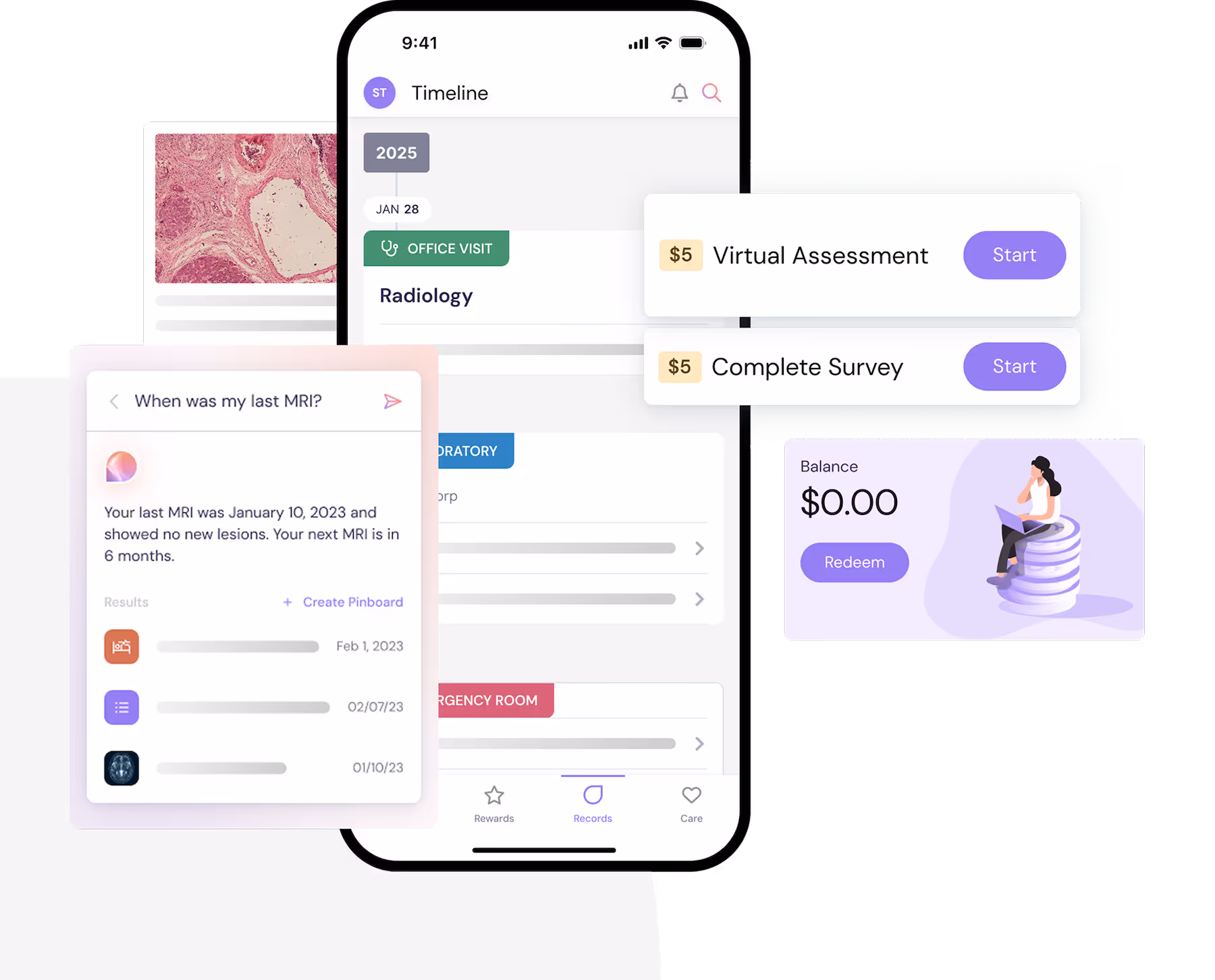 Mobile app interface showing a medical timeline with office visit, lab and emergency room records, MRI results, virtual assessment and survey options for $5 each, and a $0 balance with redeem button.