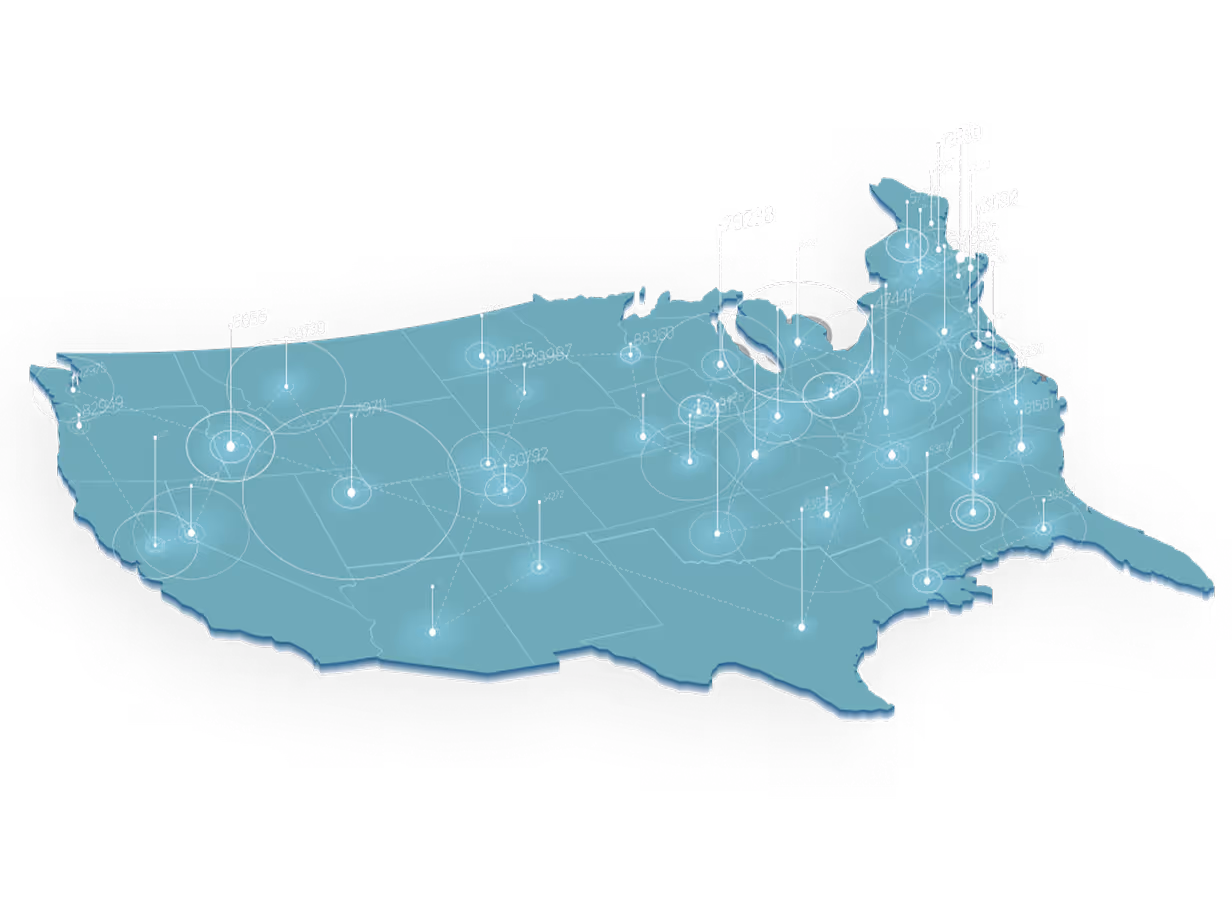 3D map of the United States with illuminated data points and connecting lines indicating network or data connections across various regions.