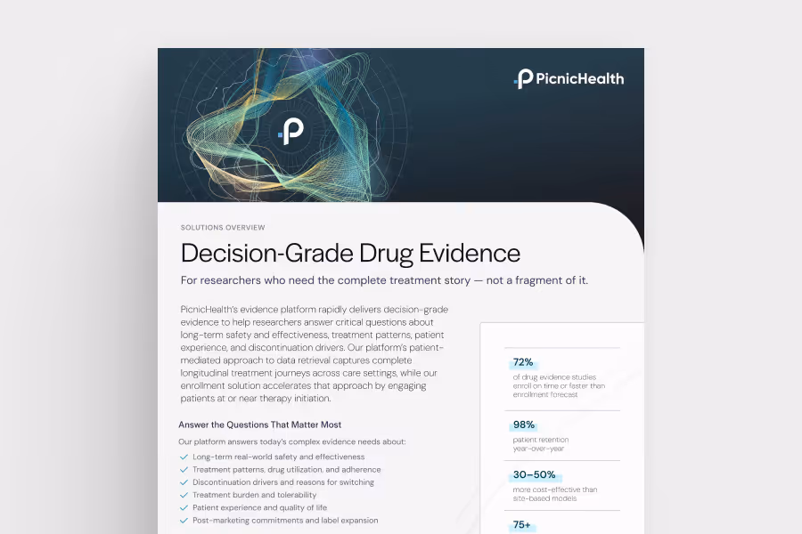 PicnicHealth overview document titled 'Decision-Grade Drug Evidence' outlining a platform that delivers comprehensive drug evidence for researchers, highlighting key benefits such as 72% on-time study enrollment and 98% patient retention.