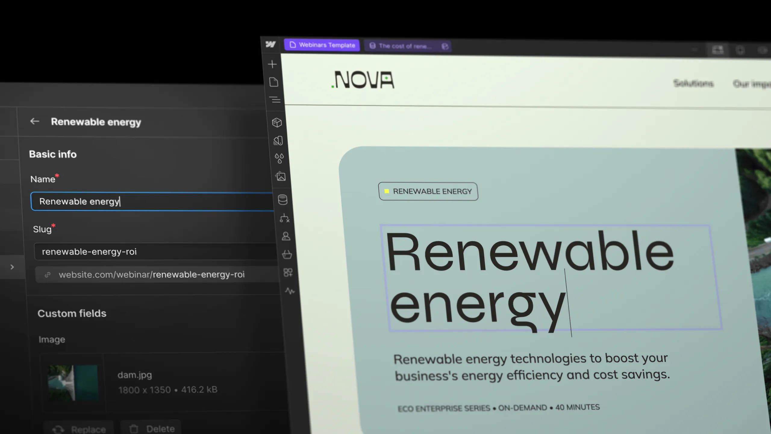 Renewable energy webinar interface with Webflow platform and information