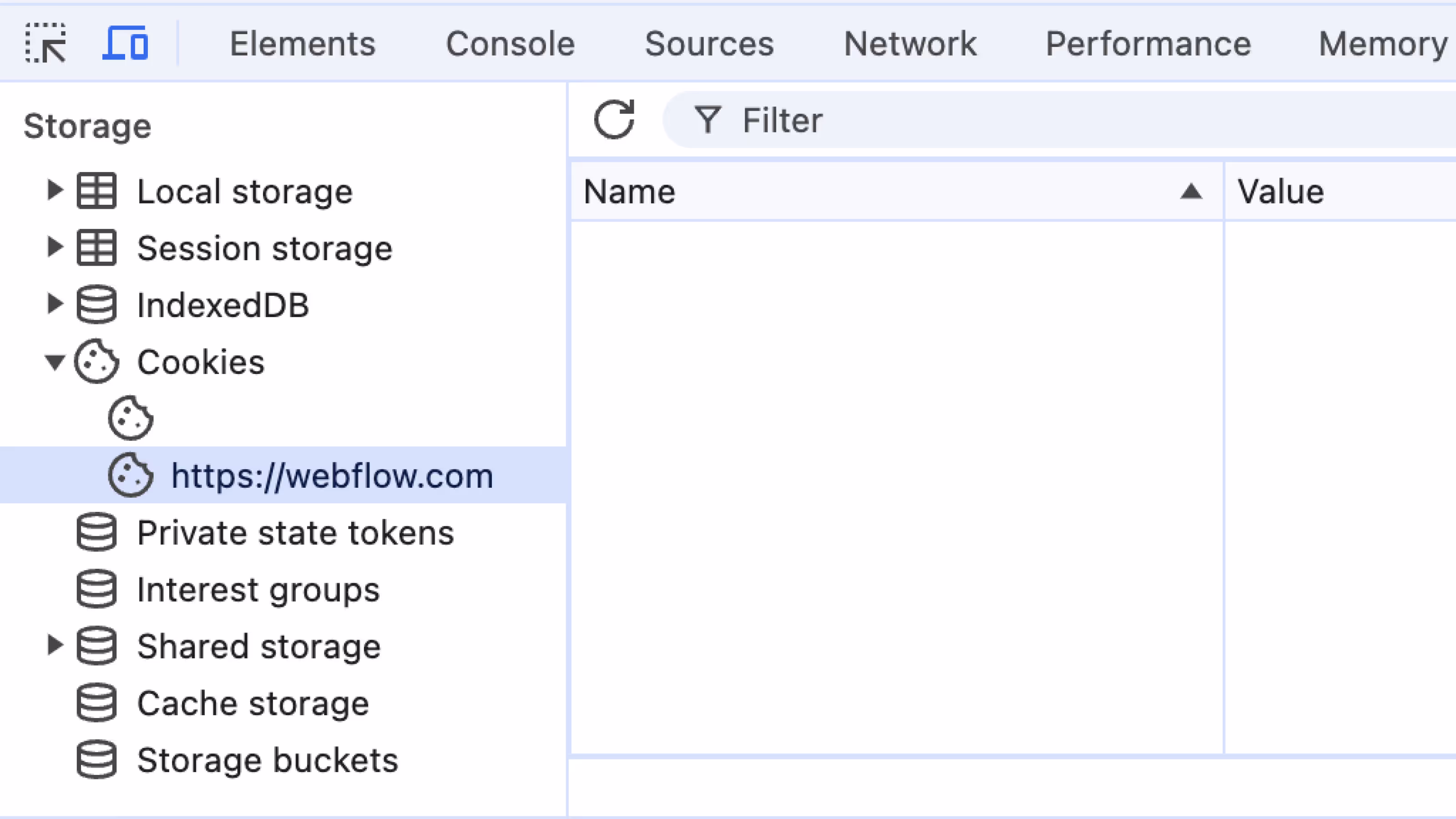 Webflow browser storage settings with cookies and local storage options