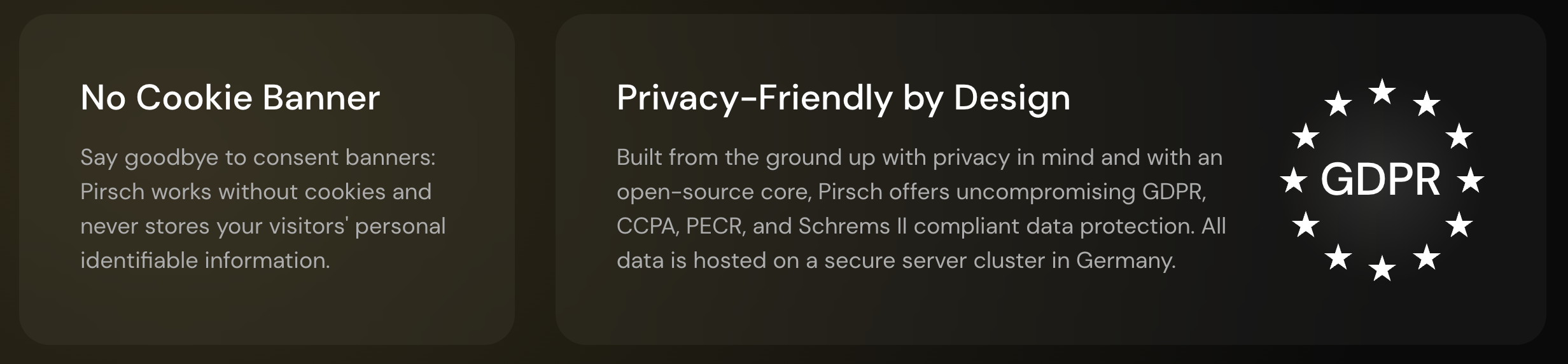 Pirsch privacy features highlighting no cookie banner and GDPR compliance