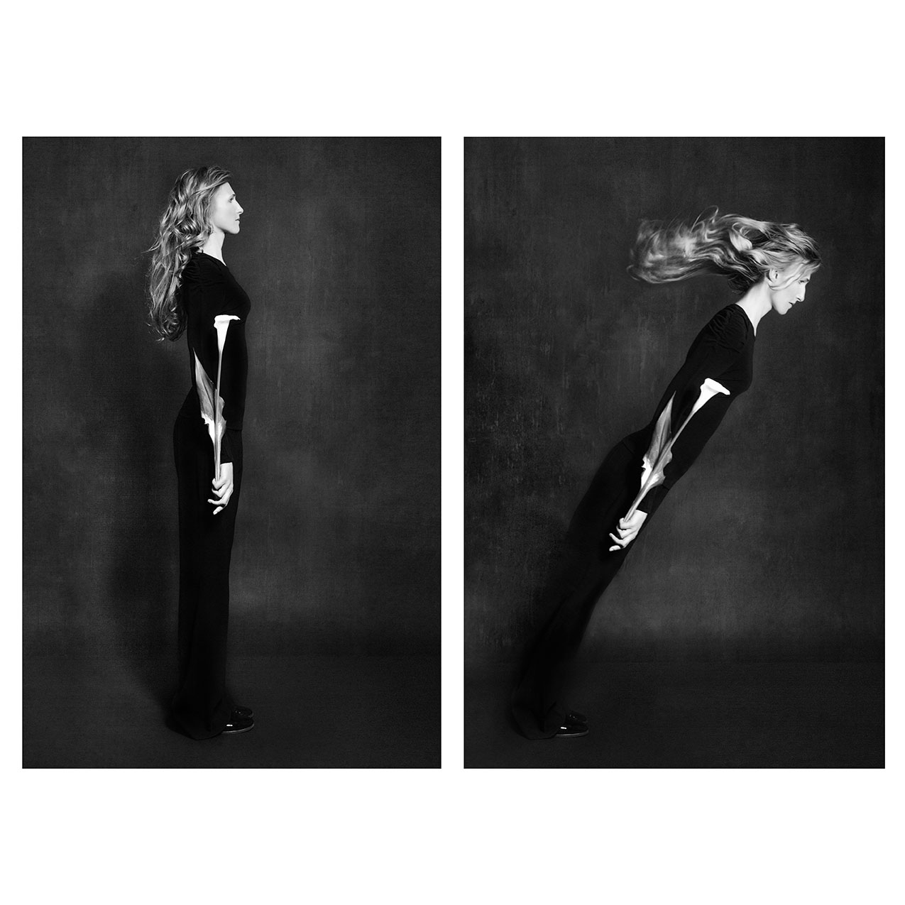 Donna in nero con capelli svolazzanti in due pose dinamiche