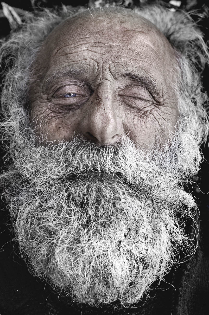 Tony Hassler's portrait of an elderly man with dense white beard, eyes closed