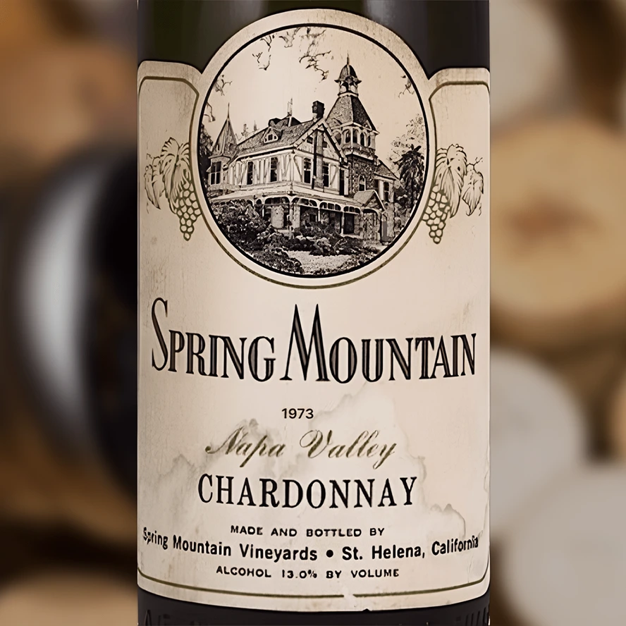 Original bottle label of the Spring Mountain Vineyards 1973 Napa Valley Chardonnay, made and bottled in St. Helena, California.