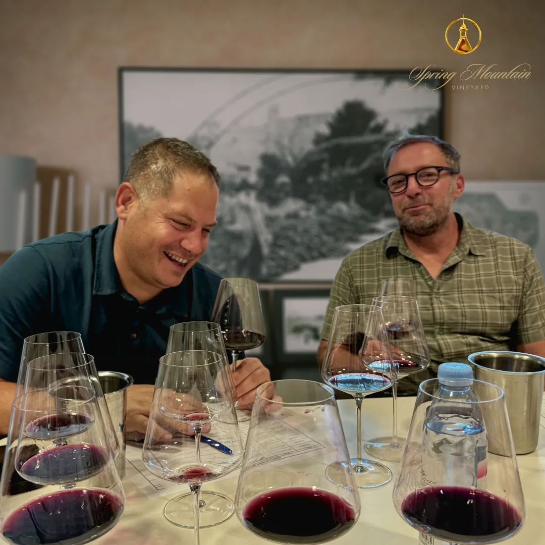 Maayan Koschitzky and Philippe Melka of Atelier Melka taste and blend Spring Mountain Vineyard wines during a Napa Valley winemaking session.