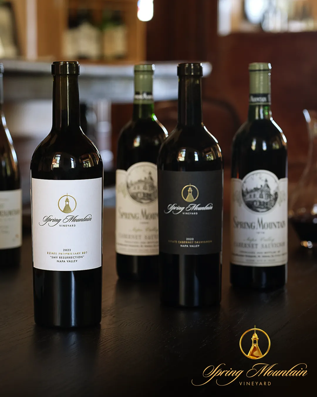  Wine bottles spanning multiple decades from the extensive Spring Mountain Vineyard wine library.