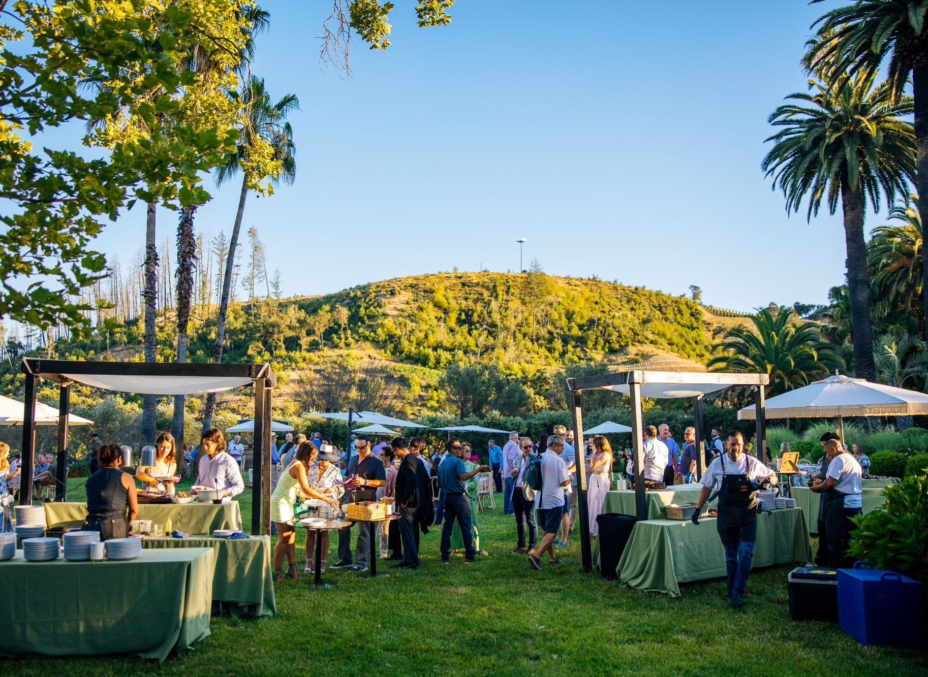 Guests enjoying the good gourmet food and library wines at this year’s Spring Mountain Vineyard in St. Helena Summer Soiree.